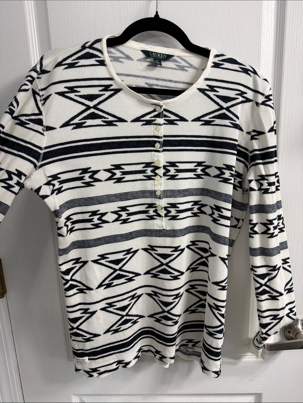 Lauren Ralph Lauren Thermal Henley Black-White Aztec-Pattern Long Sleeve Top